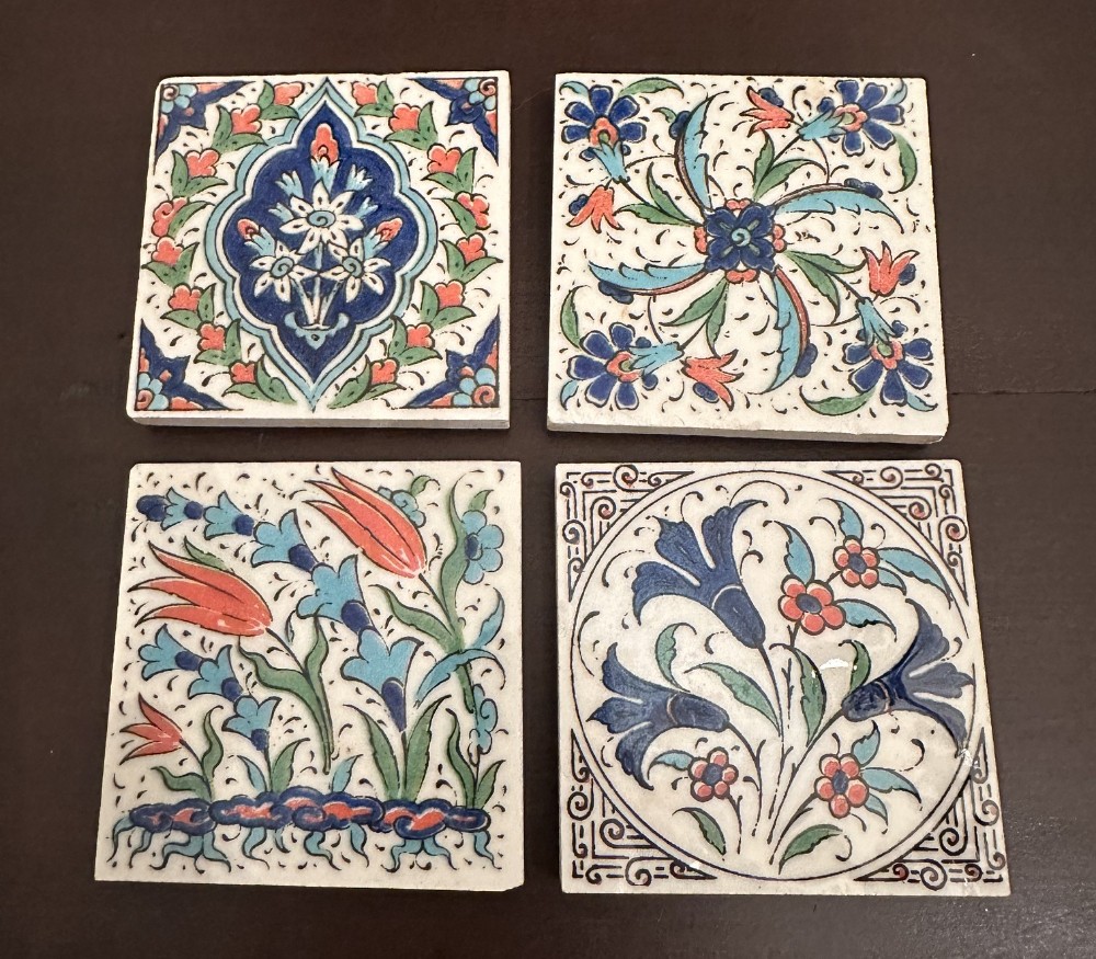 Set of 4 Handmade Turkish Ceramic Tile Coasters with Felt Backs