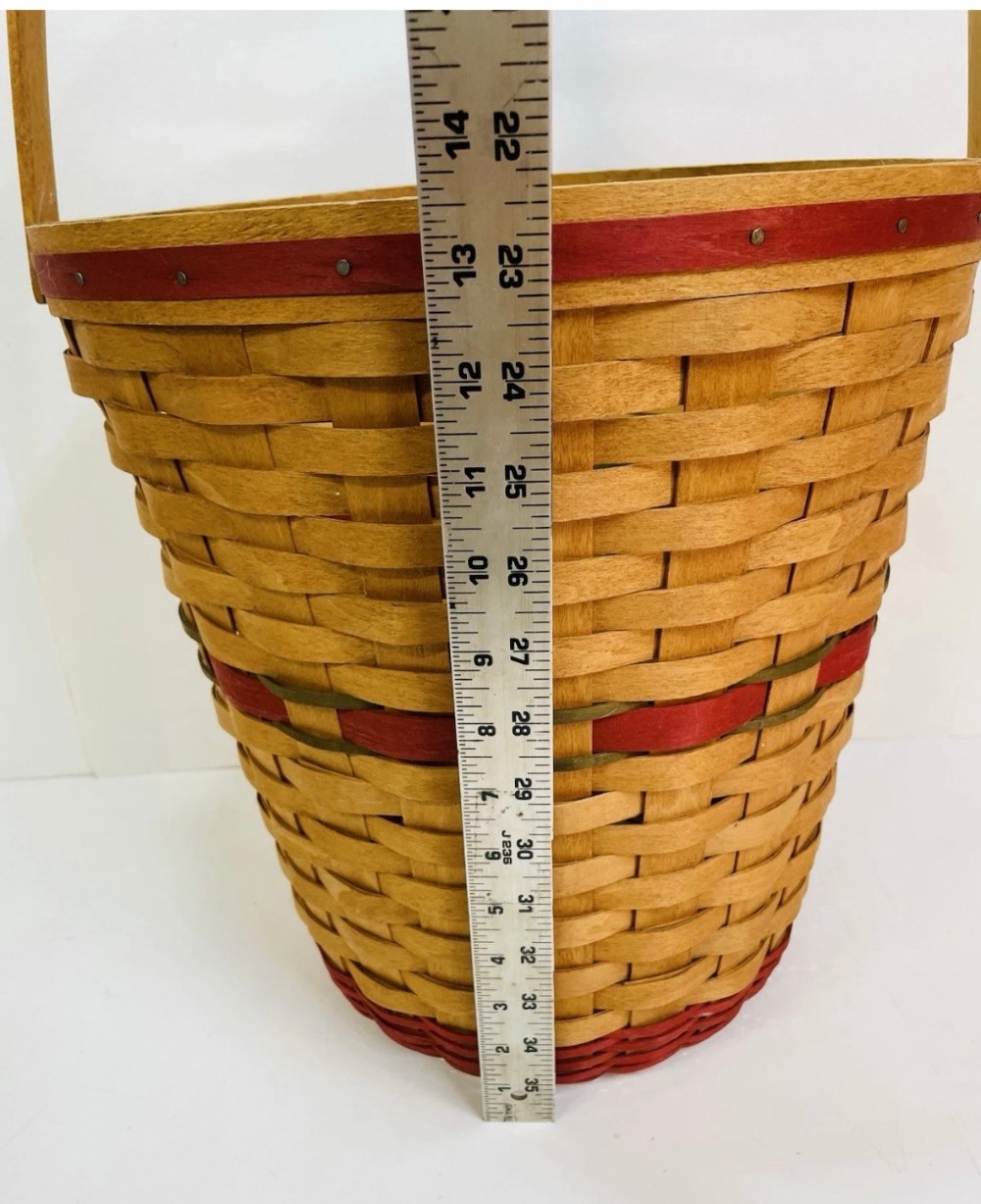 Basket Longaberger 1991 Handwoven Waste Basket Red & Green Accent Signed Weaver 13 Inches