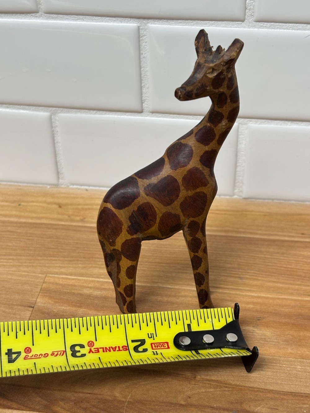 Giraffe Figurine Hand Carved Wood Safari Folk Art Statue 5.5