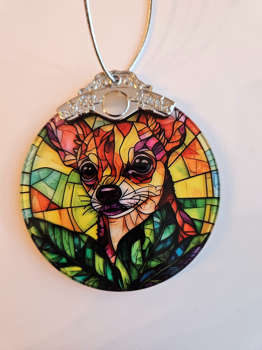 Chihuahua-themed stained glass style suncatcher or ornament