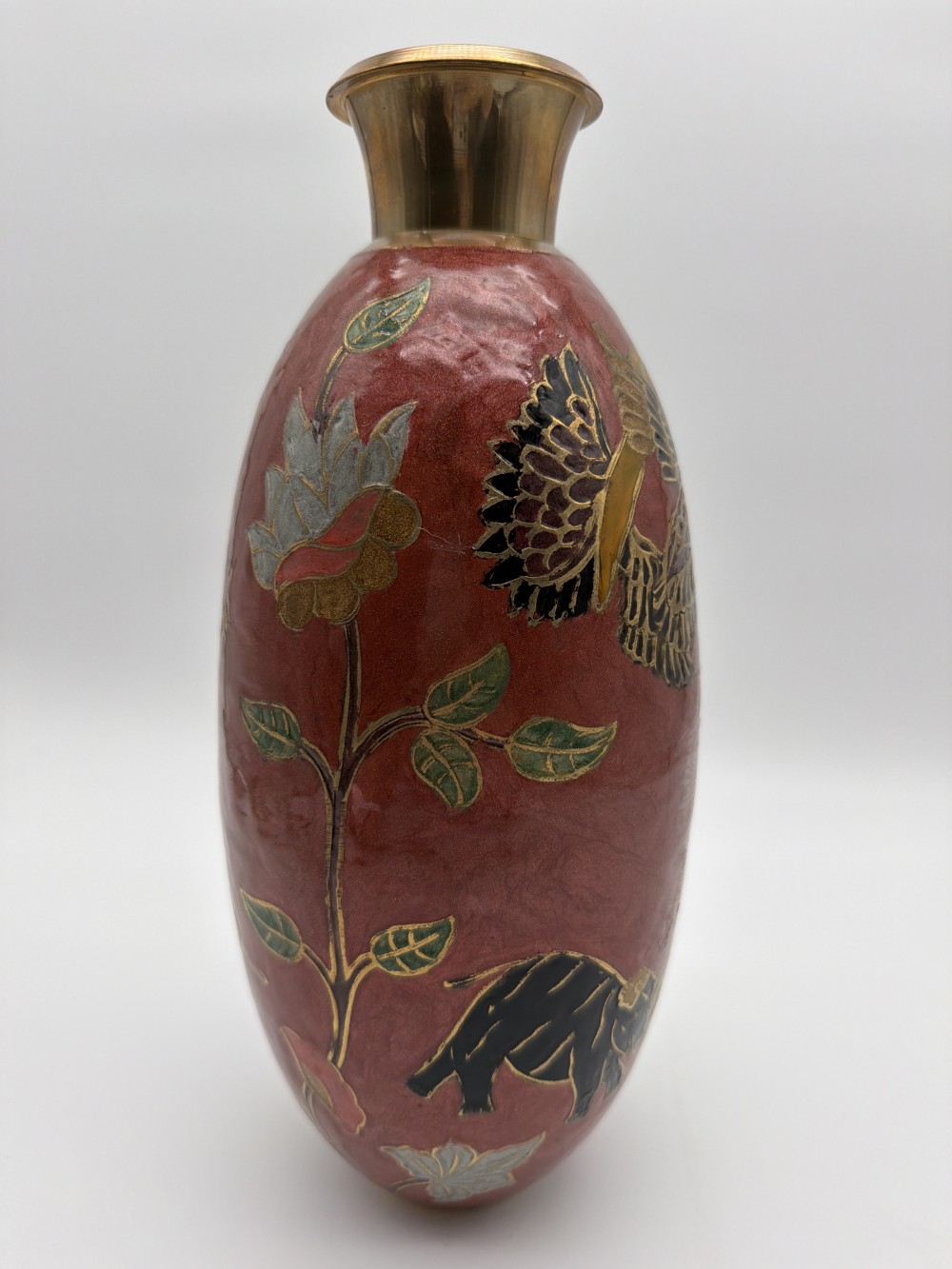 Vintage Brass Enamel Animal Vase