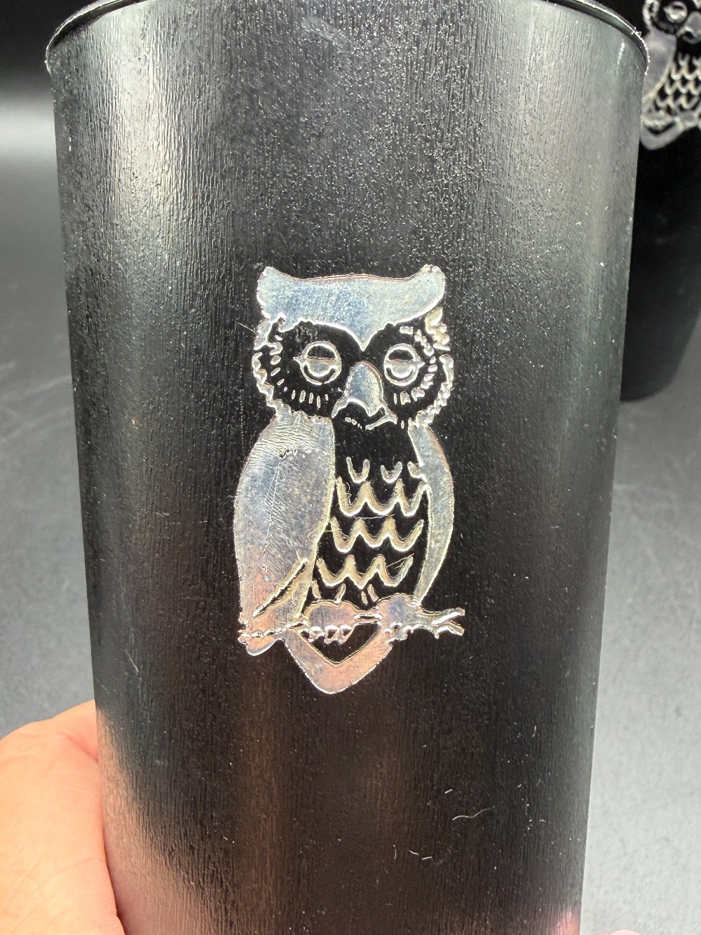 Vintage 1970s Nasco Black Plastic Owl Tumblers - Silver Foil Decal Wise Owl Cups - Set of 3 (Mold 1072)