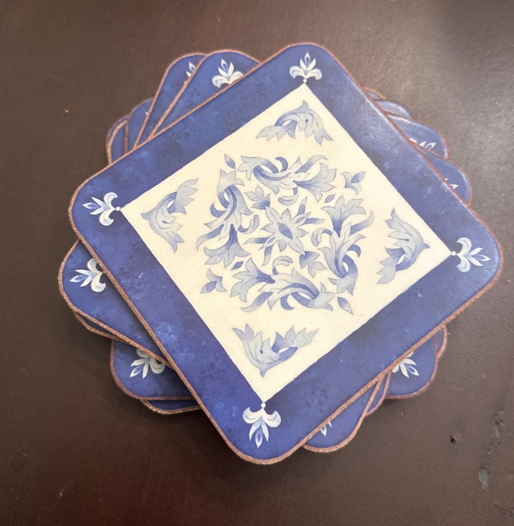 Set of 5 Pimpernel Blue Brocade Coasters.