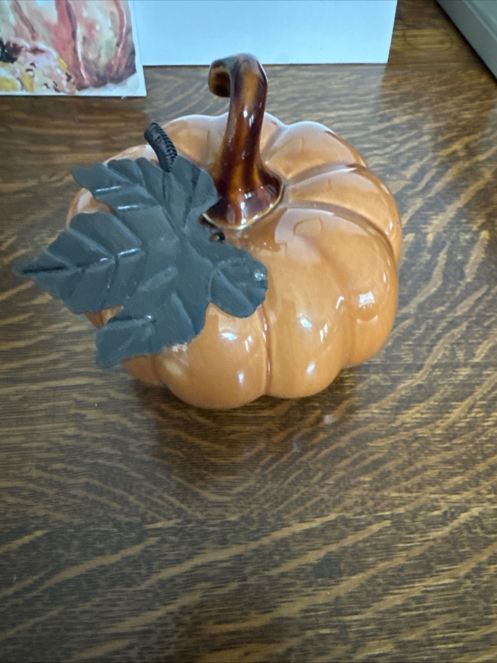 ORANGE CERAMIC PUMPKIN, METAL LEAF & STEM