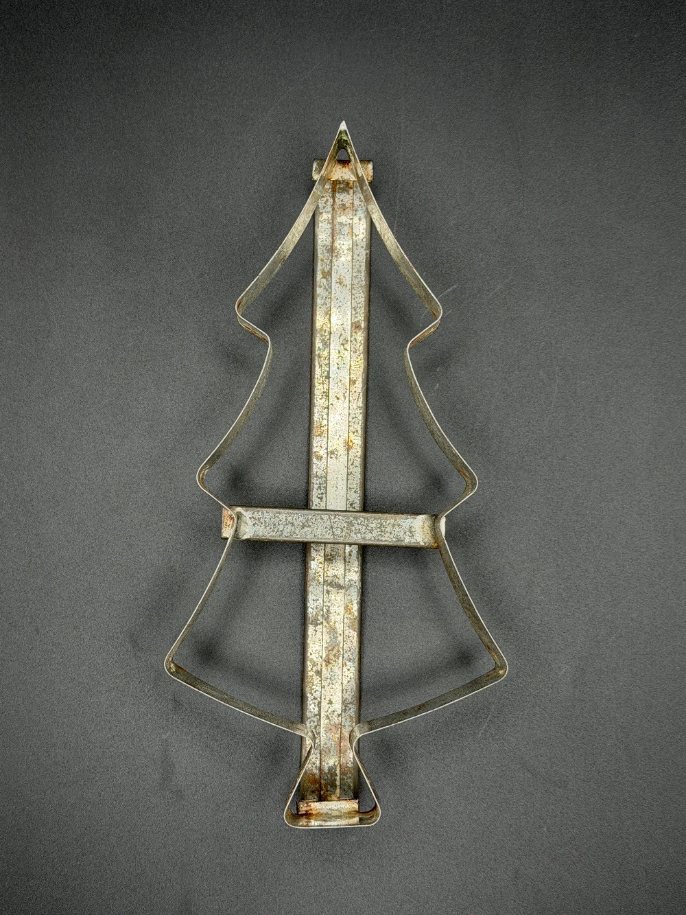 Large Vintage 1940s Tin Christmas Tree Cookie Cutter with Strap Handle