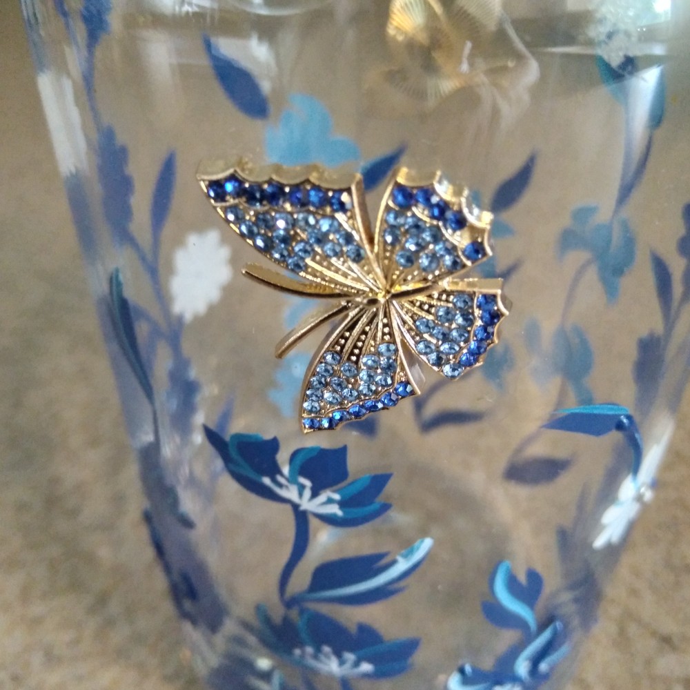 Clear Glass Vase/Tumbler Handpainted Blue Flowers Rhinestones