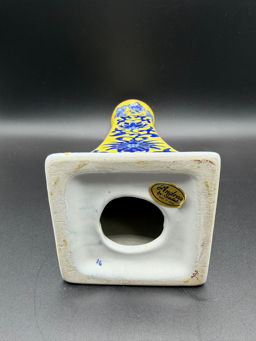 Vintage Andrea by Sadek Yellow Ground Porcelain Candlestick Chinoiserie Square Taper Holder