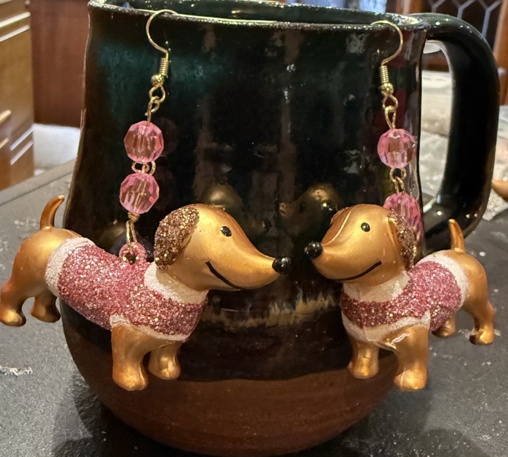 Earrings - Dachshund in Pale Pink Glittered Sweater, Doxie, Dog