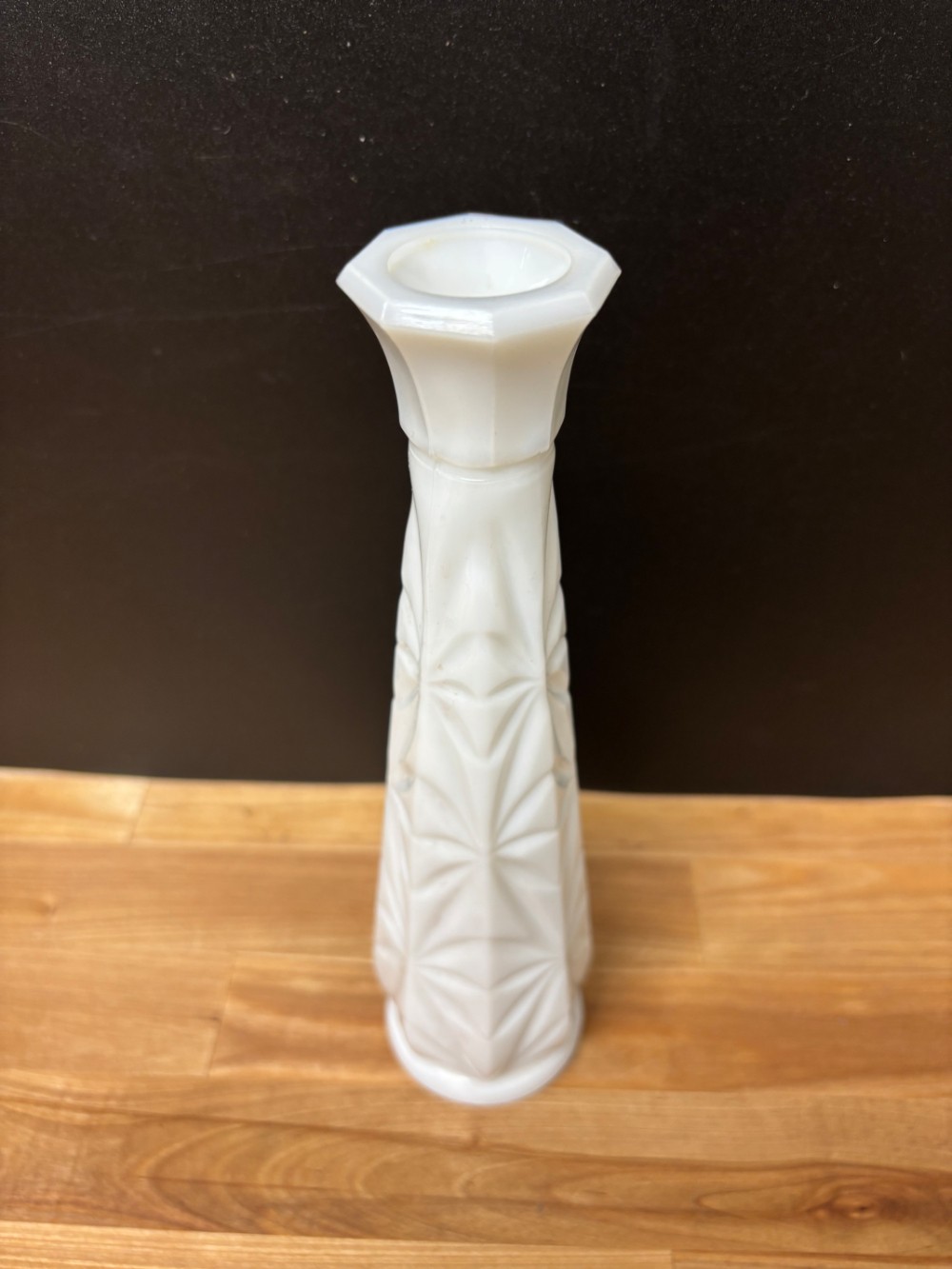 Milk Glass Bud Vase Starburst Pattern White 9 Inch Mid Century Vintage