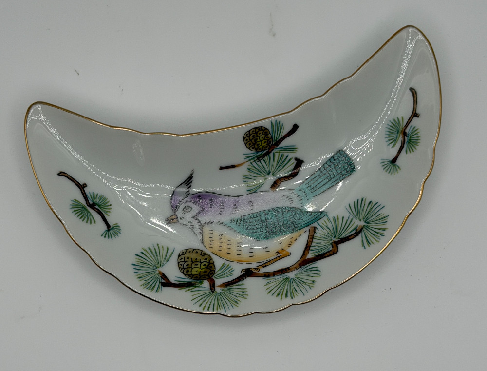Vintage Porcelain Crescent Bone Dish – Blue Jay & Pinecone Pattern