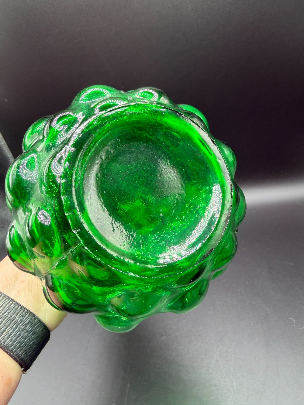 1960s Empoli Italian Green Glass Hobnail Genie Bottle Decanter