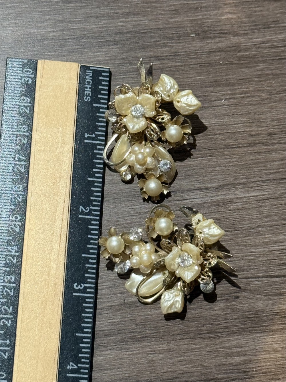 Vintage Floral Pearl and Rhinestone Gold Clip on Earrings