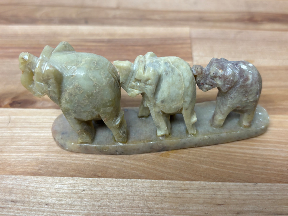 Vintage Hand Carved Stone Elephant Family Figurine – 3 Elephants Made in India