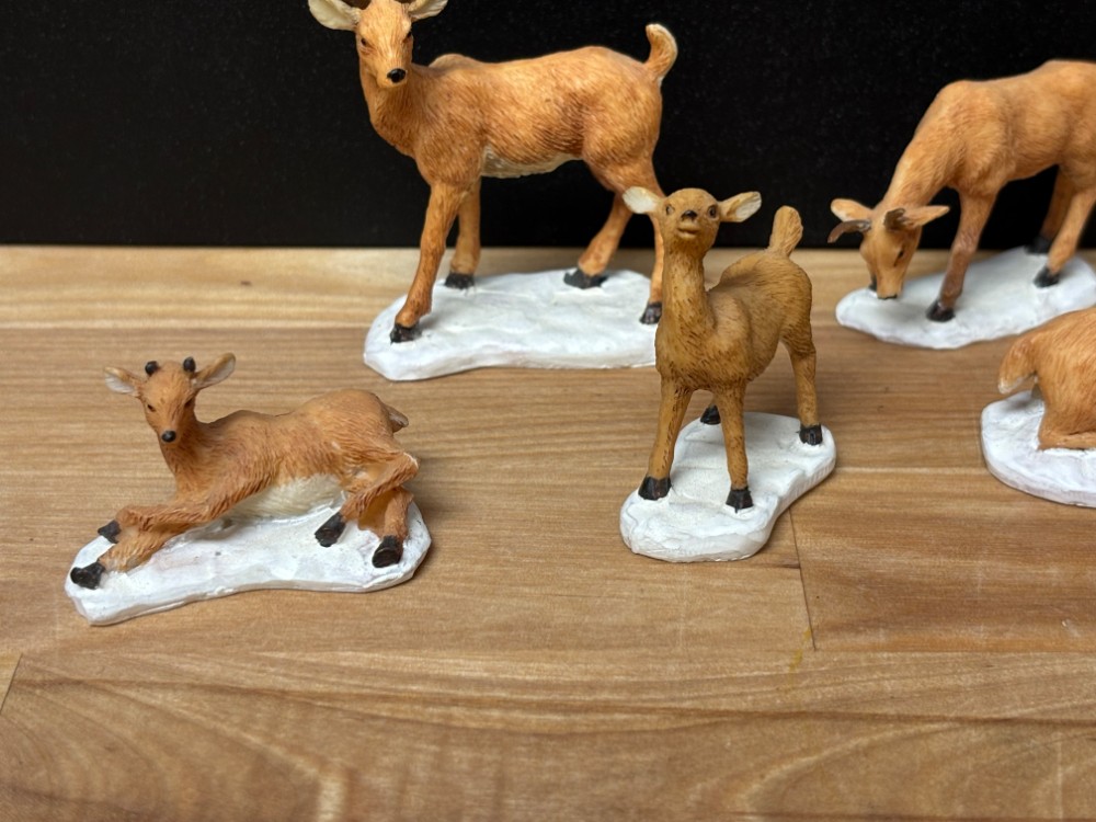 Christmas Village Miniature Deer & Fawn Figurines Set of 7 Snowy Woodland Animals