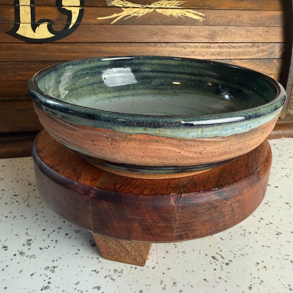 Signed Studio Pottery Bowl Blue Green Glaze