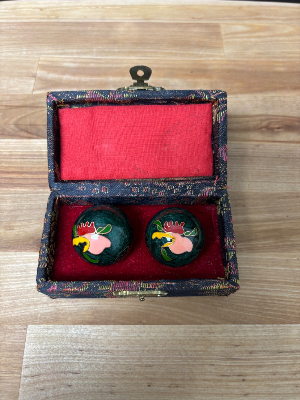 Chinese Cloisonné Baoding Meditation Exercise Balls with Brocade Box