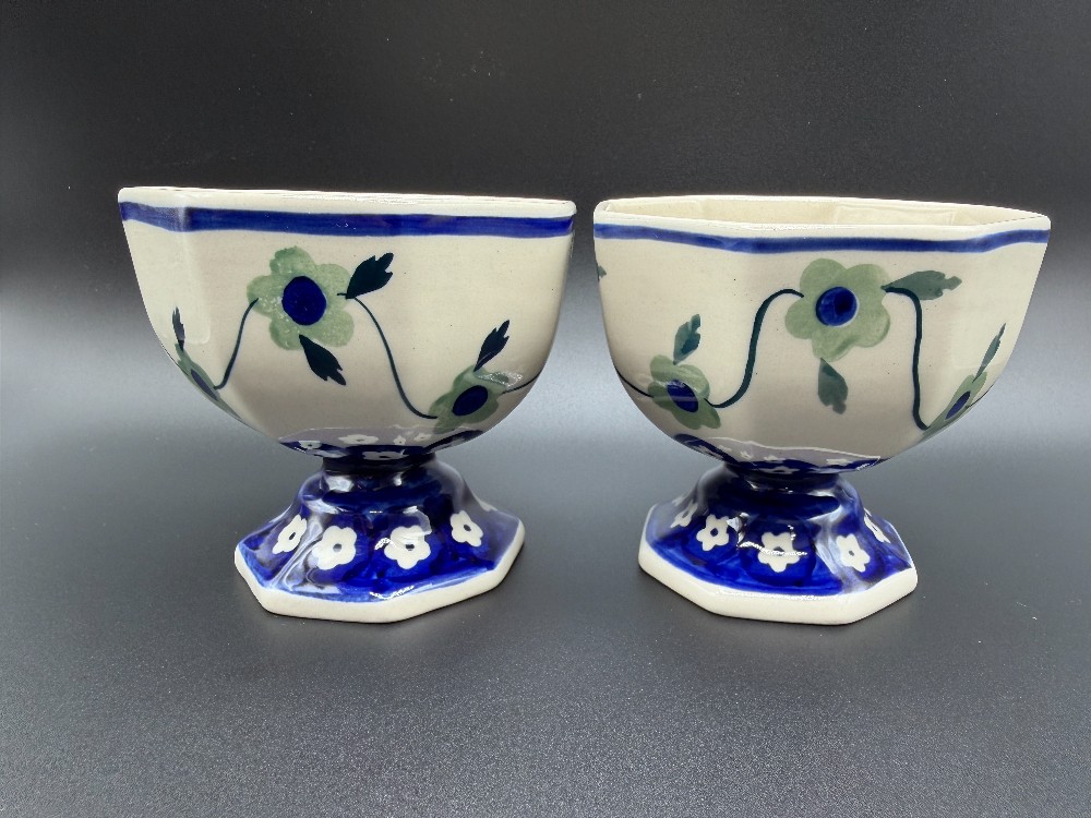 Pair of Manufaktura Polish Pottery Octagonal Footed Dessert Bowls