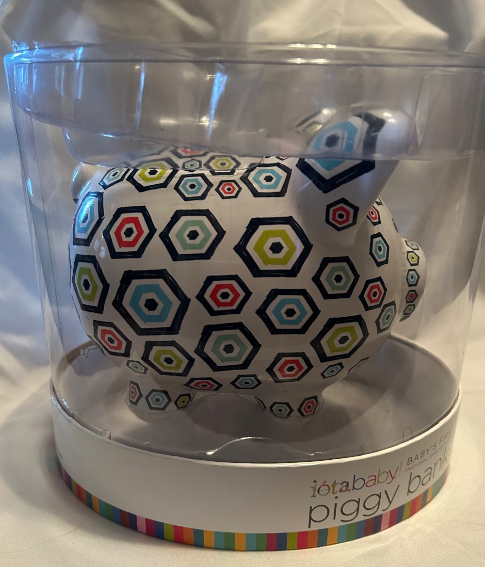 VTG Baby’s First Piggy Bank - C.R. Gibson - White Ceramic Geometric Hexagon pattern - Pig - Piggy Bank - NIB - See pics