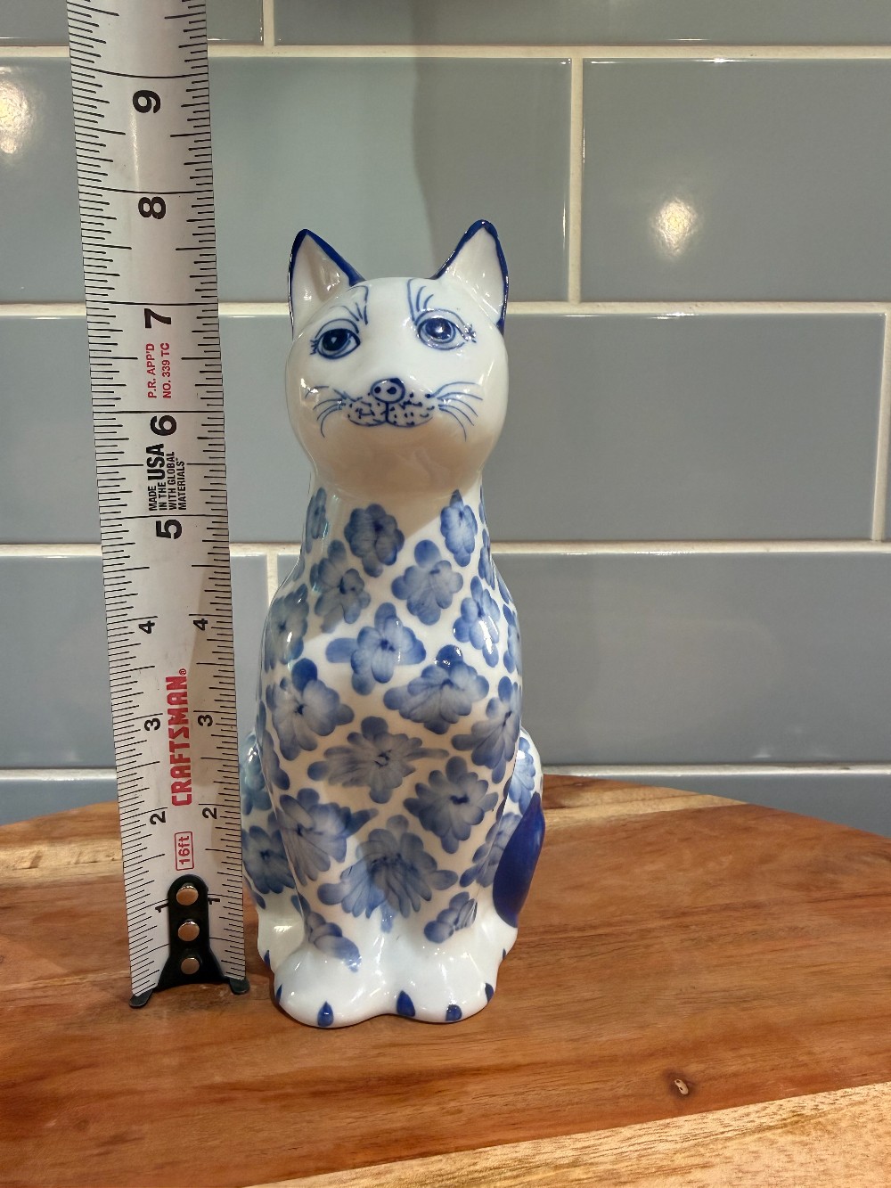 Vintage Blue & White Floral Cat Figurine