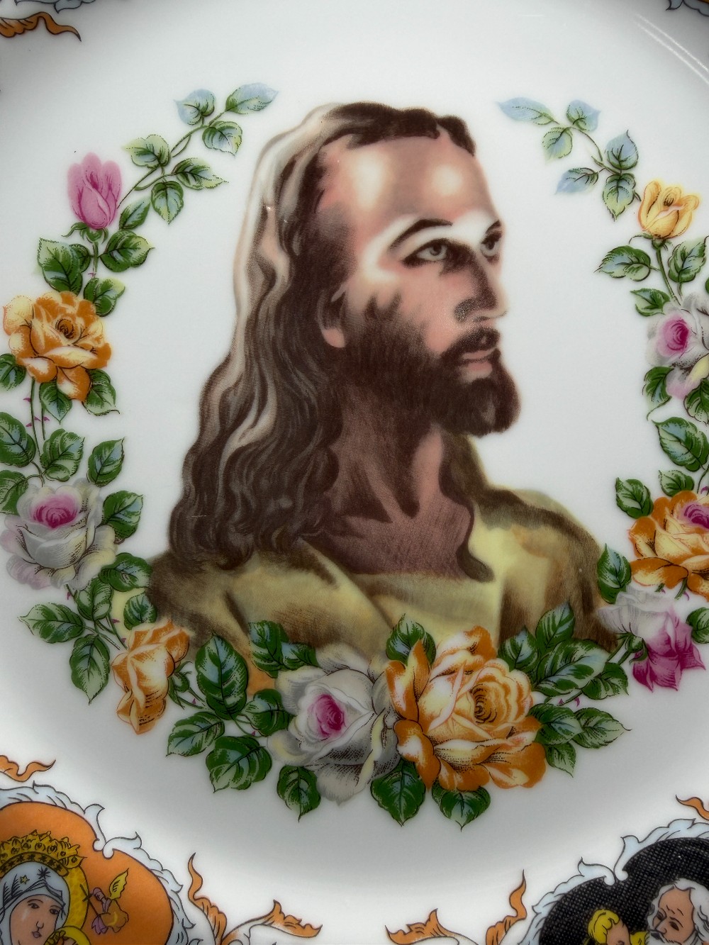 Vintage 1950s Religious Devotional Plate – Head of Christ & Catholic Saints Rim Medallions – Made in Japan