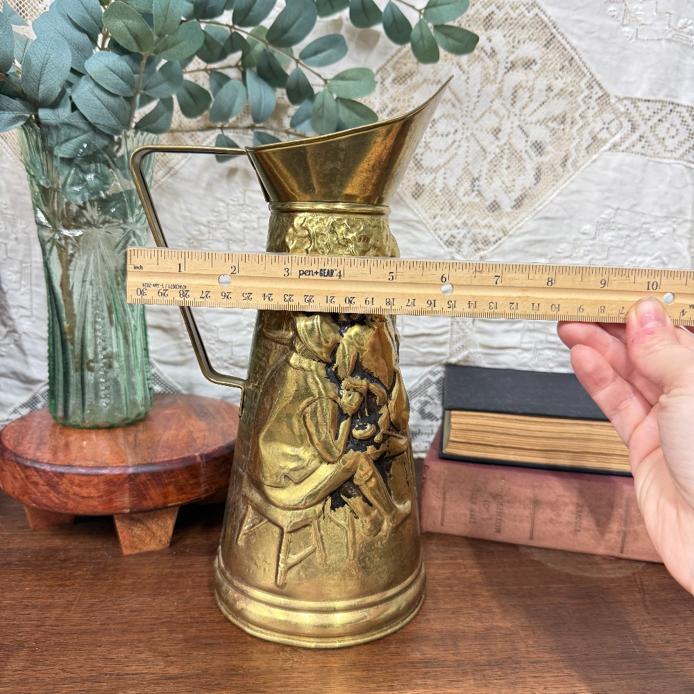 Vintage English Brass Repousse Tavern Scene Pitcher | Embossed Figural Jug | Made in England | Dark Academia Decor