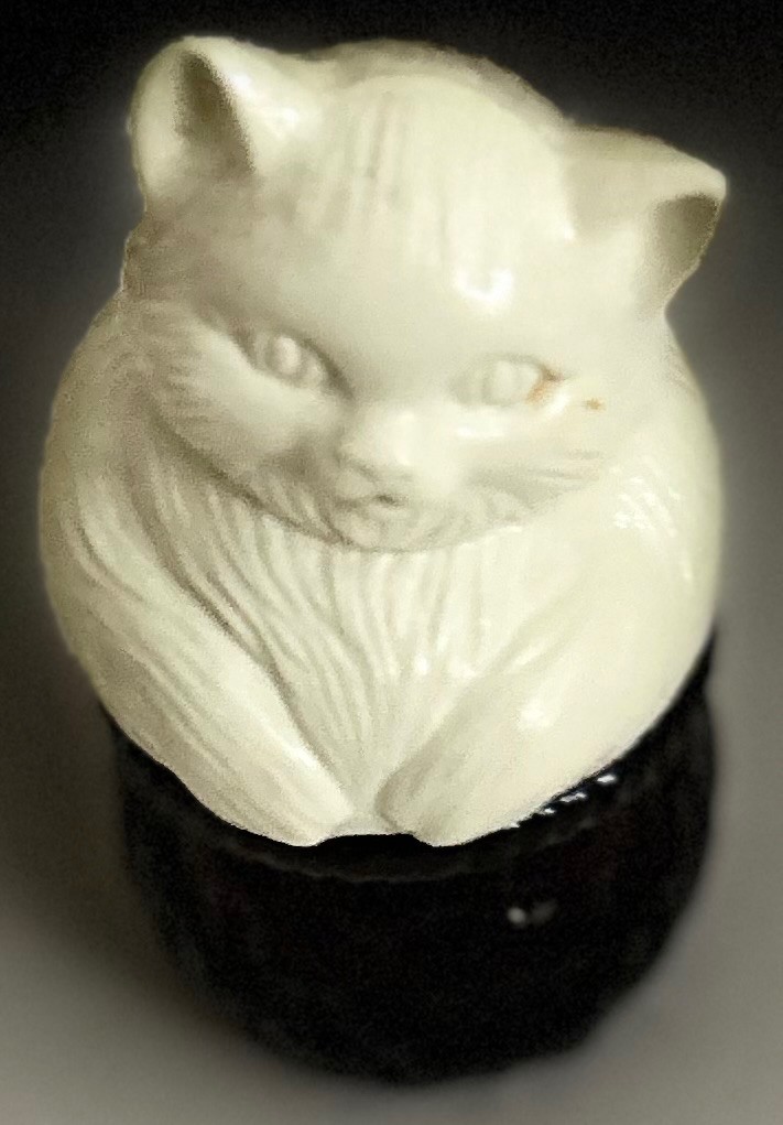 Vintage 1974 Avon Kitten's Hideaway Field Flowers Cream Sachet Jar Vintage 1974 Avon Kitten's Hideaway Perfume Jar | Amber Glass Cat in Basket Decanter | Collectible Field Flowers Sachet Novelty Vanity Decor