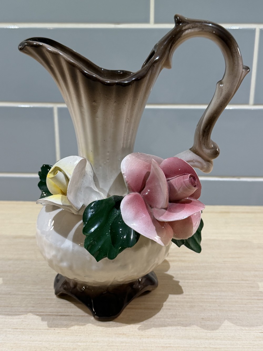 VTG Floral Porcelain Ewer with Roses 9’ AS-IS