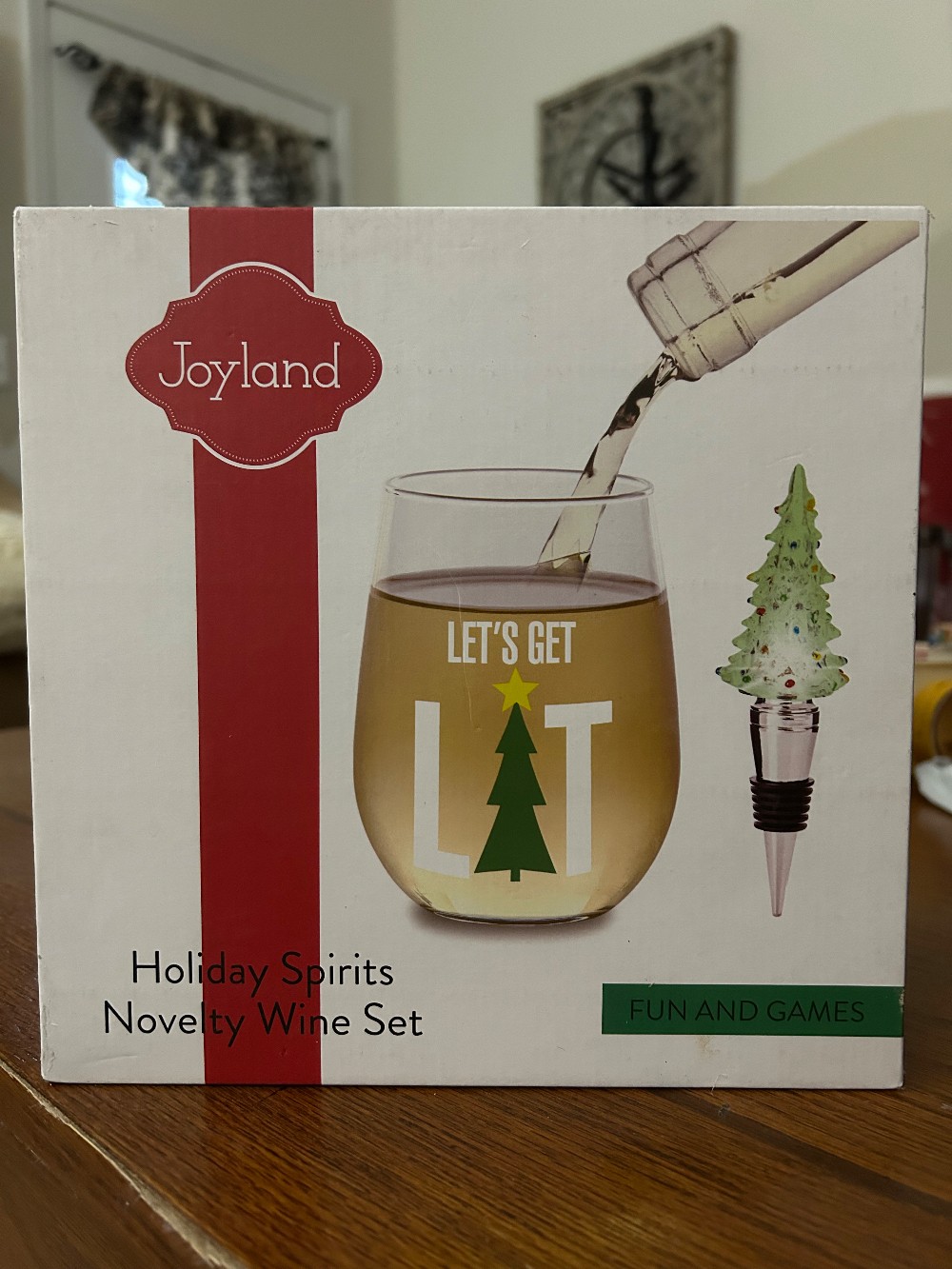 Joyland Holiday Spirits Let's Get Lit Novelty Wine Glass & Stopper Set Joyland Holiday Spirits Novelty Wine Set | Lets Get Lit Stemless Wine Glass | Christmas Tree Glass Bottle Stopper 2 Piece Gift Set NIB
