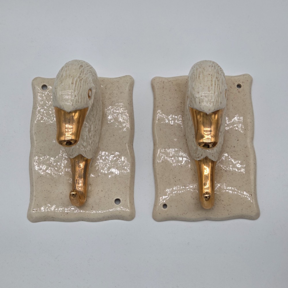Pair of Vintage  Ceramic Goose Head Wall Hooks