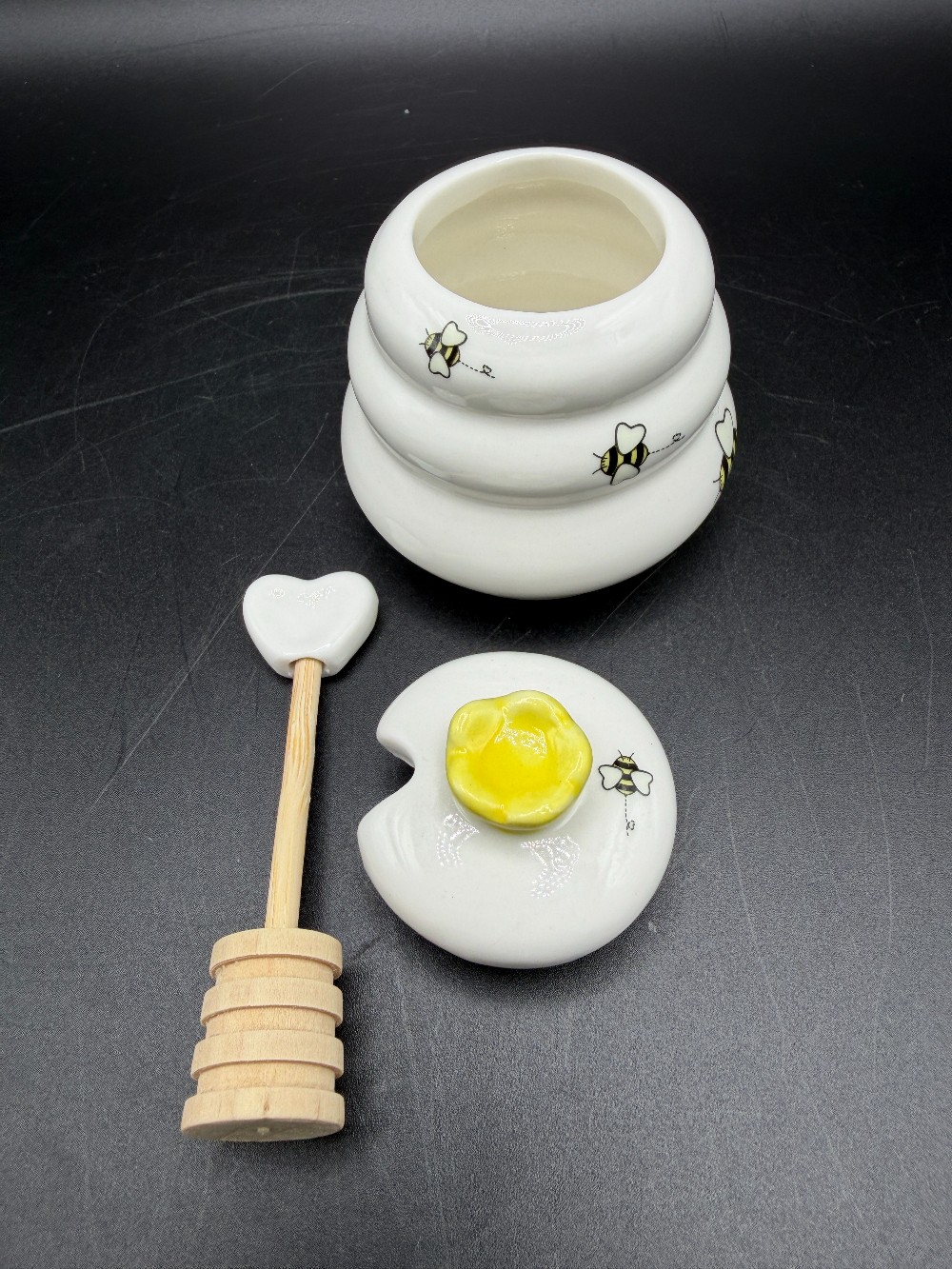 Sweet As Can Bee Ceramic Beehive Honey Pot & Wooden Dippe