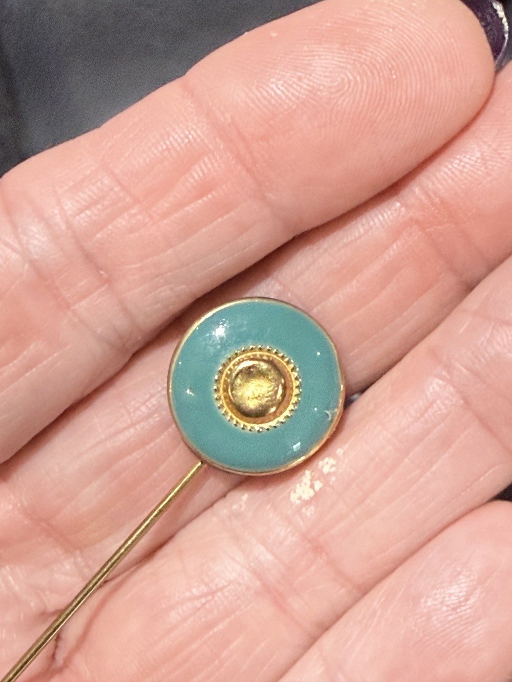 Hat Pin / Scarf Pin - Vintage Enamel Teal and Gold Button, Lapel Pin, Hat Pins,