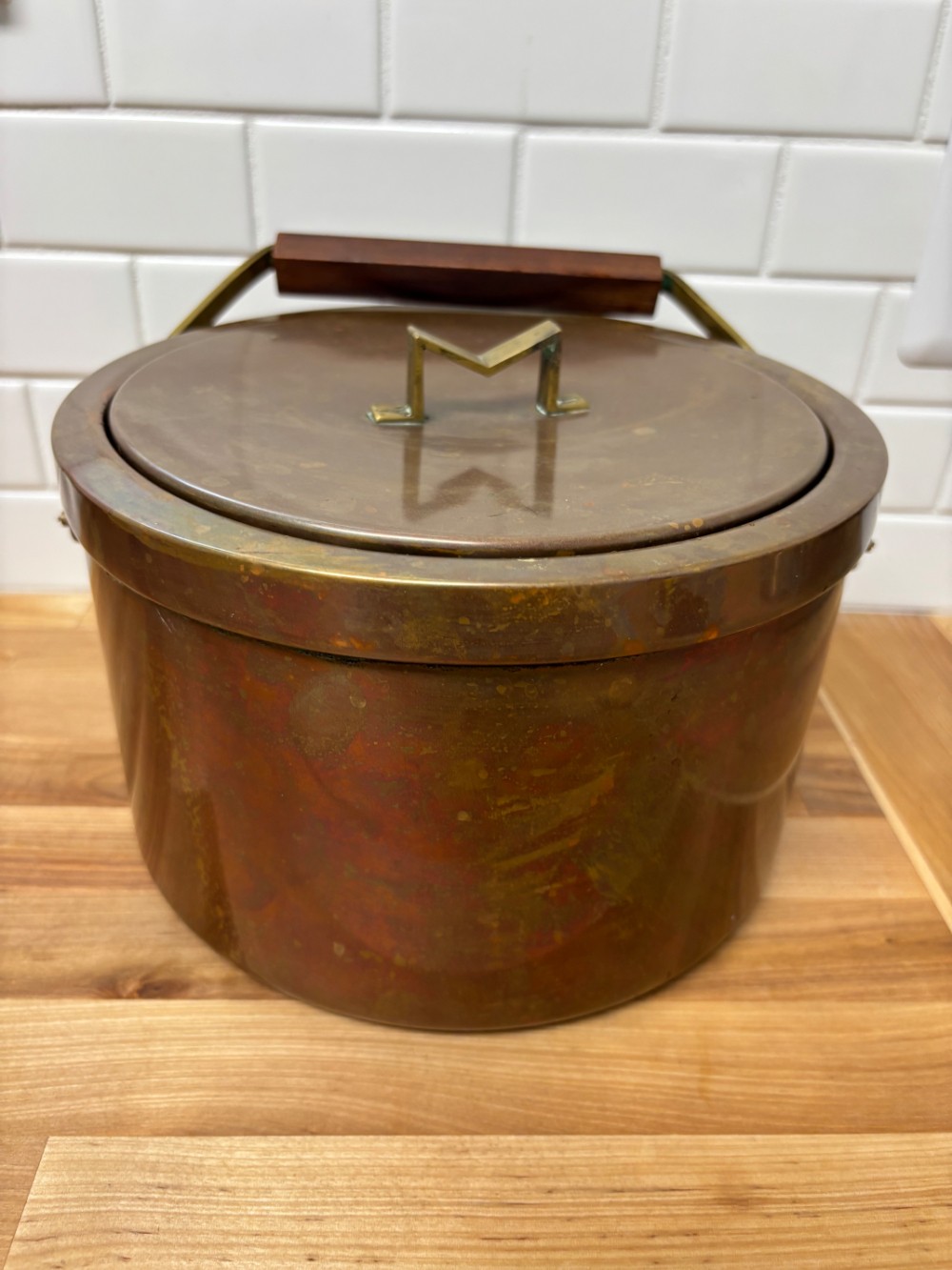 Ice Bucket Italian Copper Wood Handle Aluminum Liner Hollywood Regency MCM