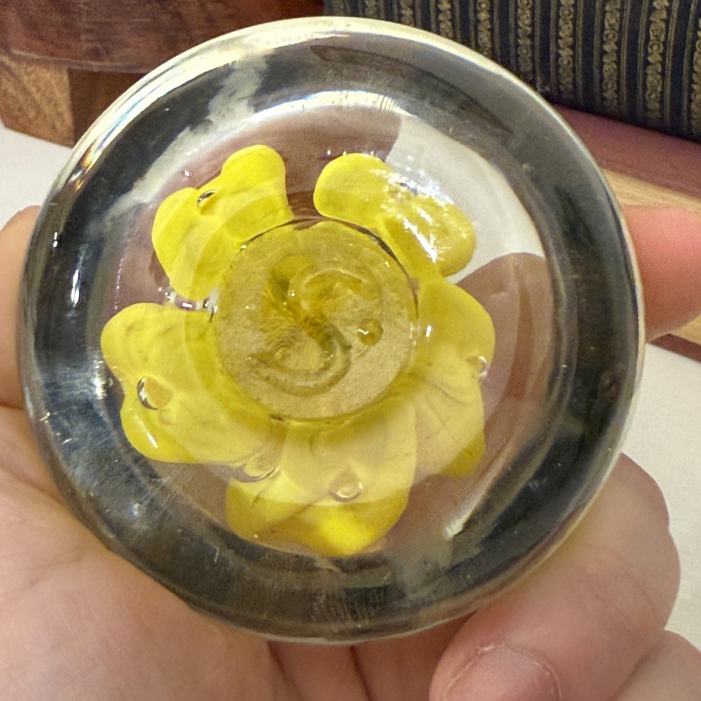 St. Clair Yellow Trumpet Flower Glass Paperweight