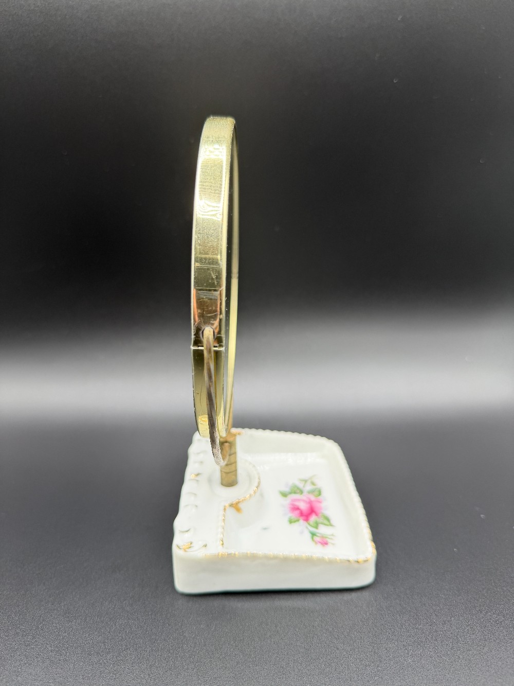 Vintage Porcelain Pink Rose Swivel Vanity Mirror with Trinket Tray - Made in Japan
