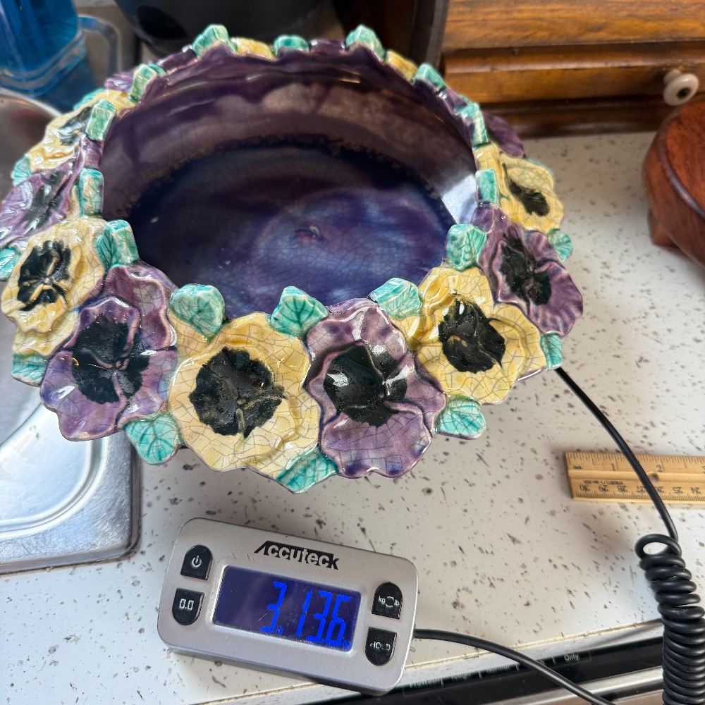 Signed Fleur de Terre 1998 Pansy Majolica Style Bowl