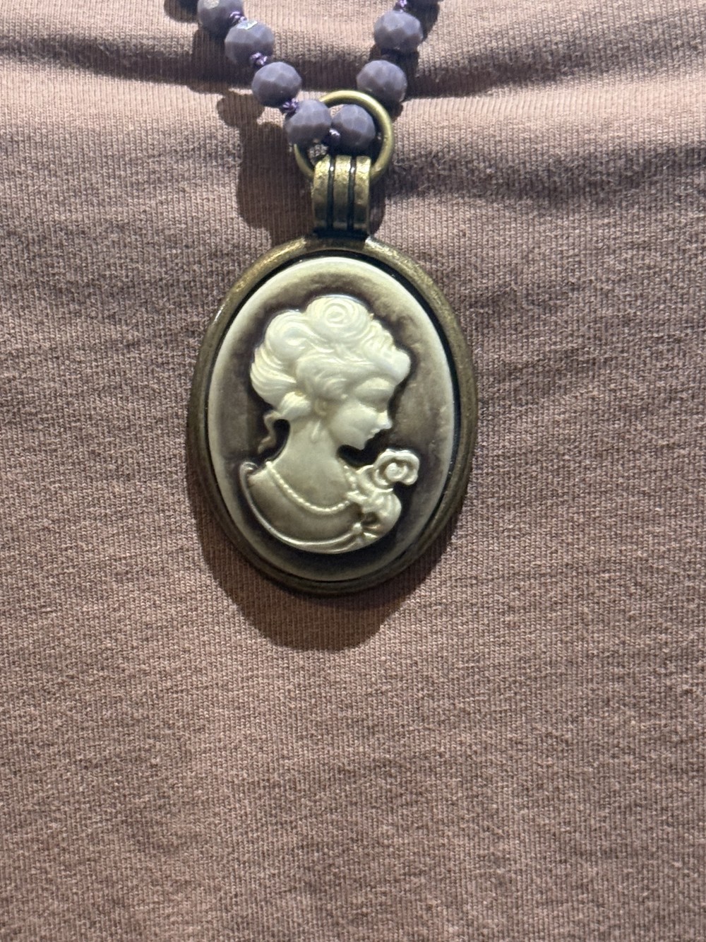 Pendant Necklace-Female Cameo on Purple Beaded Chain