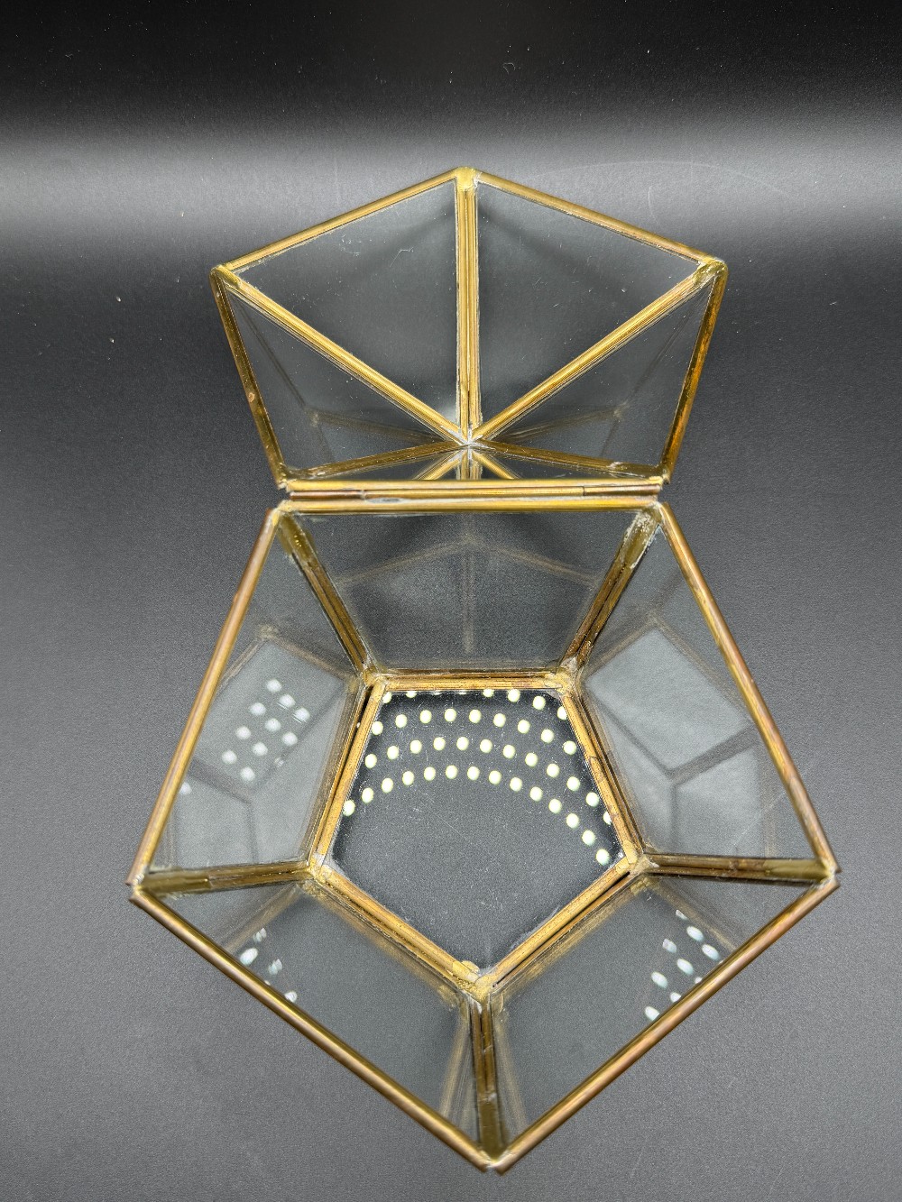 Brass Glass Pentagon Trinket Box Vintage