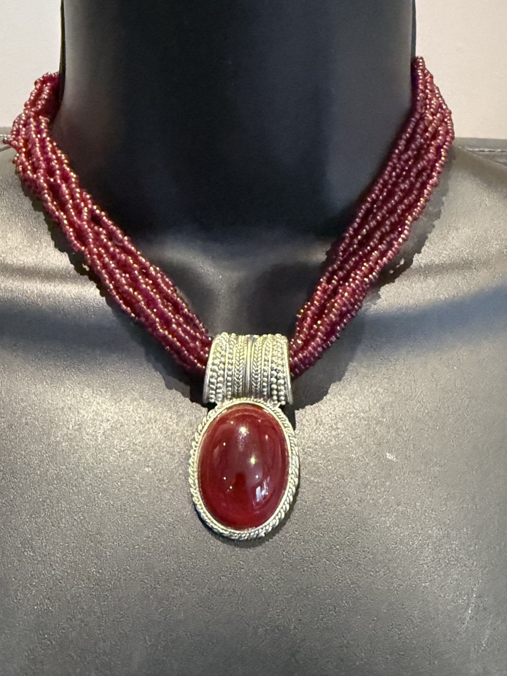 Necklace - Burgandy Glass Beads with Oval Pendant
