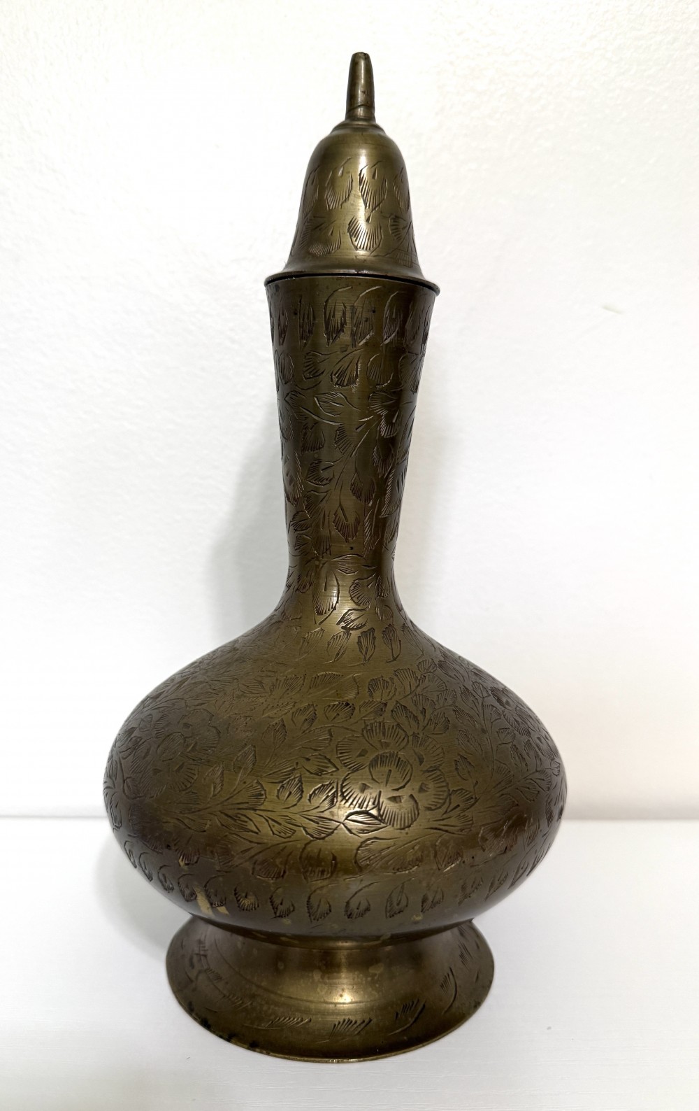 Vintage India engraved brass urn w/ lid