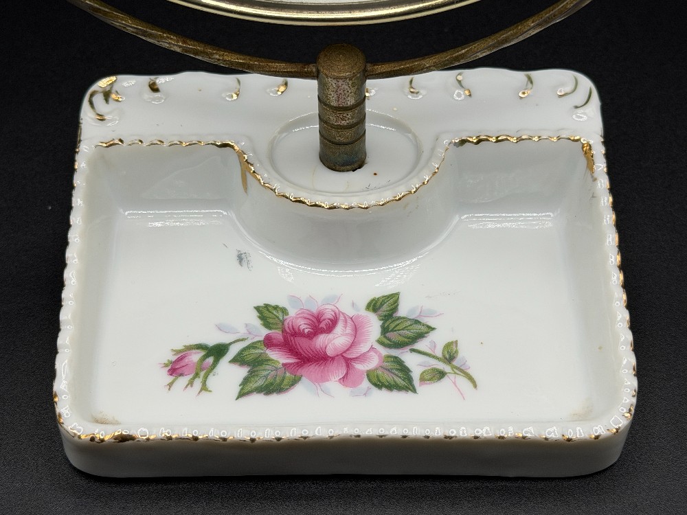 Vintage Porcelain Pink Rose Swivel Vanity Mirror with Trinket Tray - Made in Japan