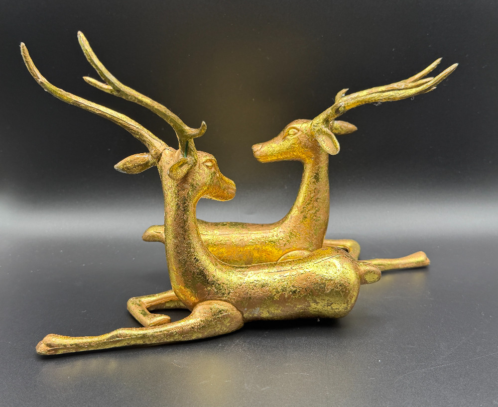Gold Gilded Reclining Deer Holiday Figurines - Set of 2 Contemporary