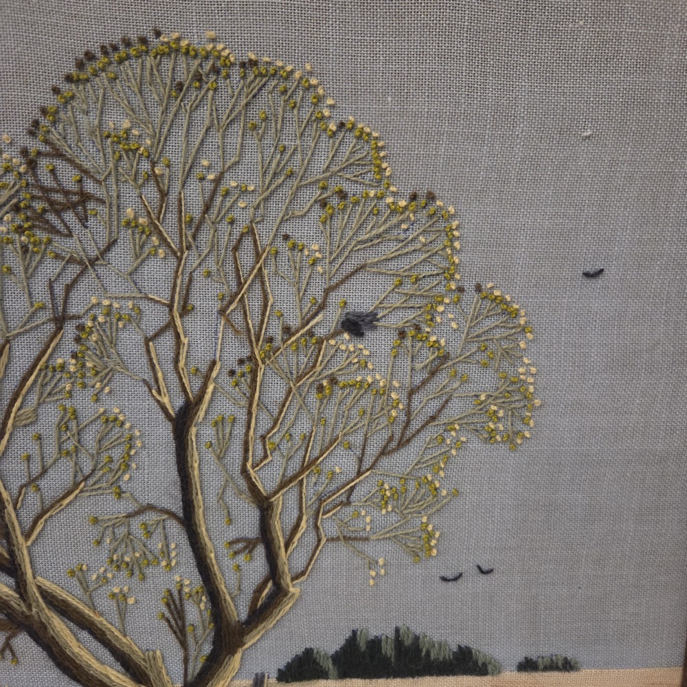 VTG Crewel Paragon Waking Willow Tree Blue Sky Embroidered Framed No Glass