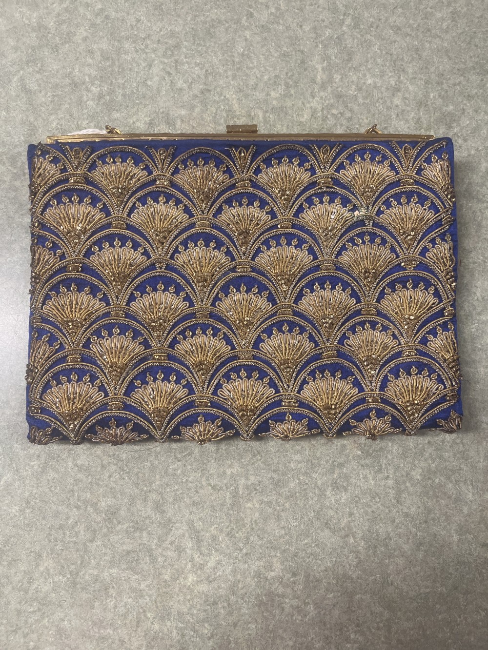 Vtg Zardozi-style blue silk evening bag