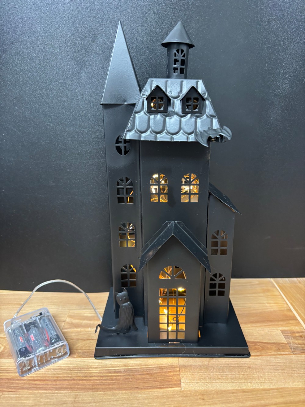 Lighted Metal Haunted House Halloween Decor Black Gothic Cat