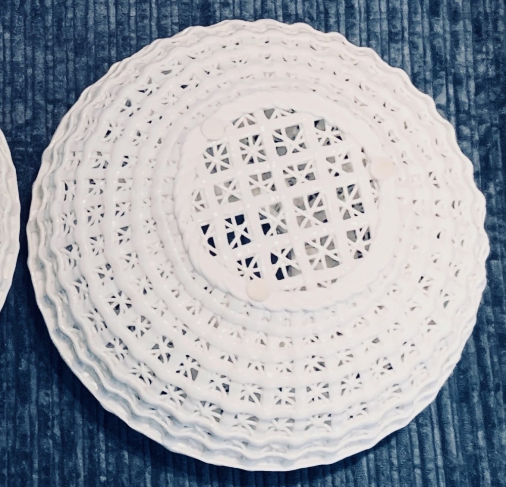 Vintage Diana Cyan Design Reticulated Porcelain  Vases / Bowls - Milk White Open Basket Weave Vases - set of 2 - see pics