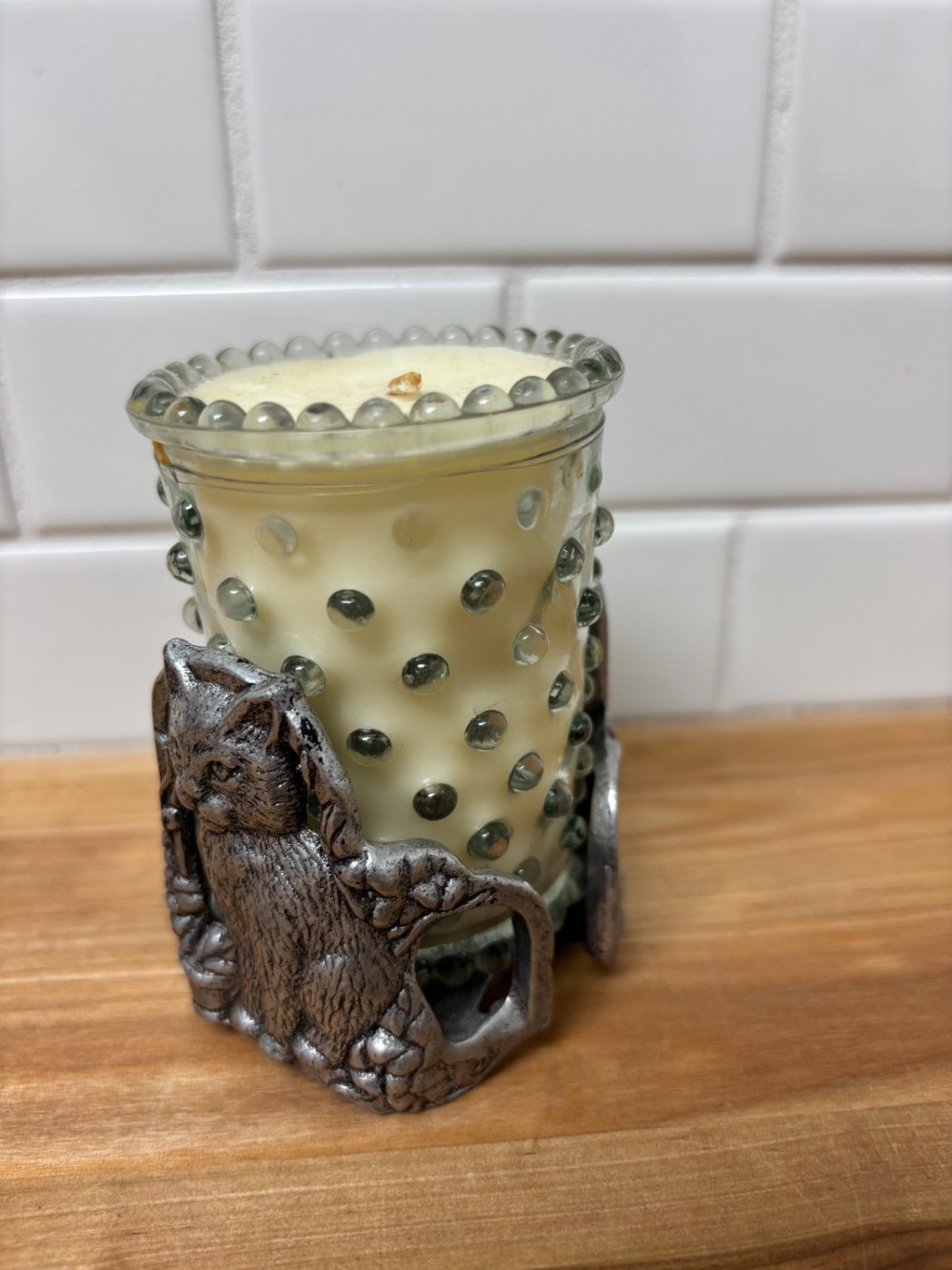 Pewter Cat Candle Holder Carlton 1997 Hobnail Glass Votive Kittycore