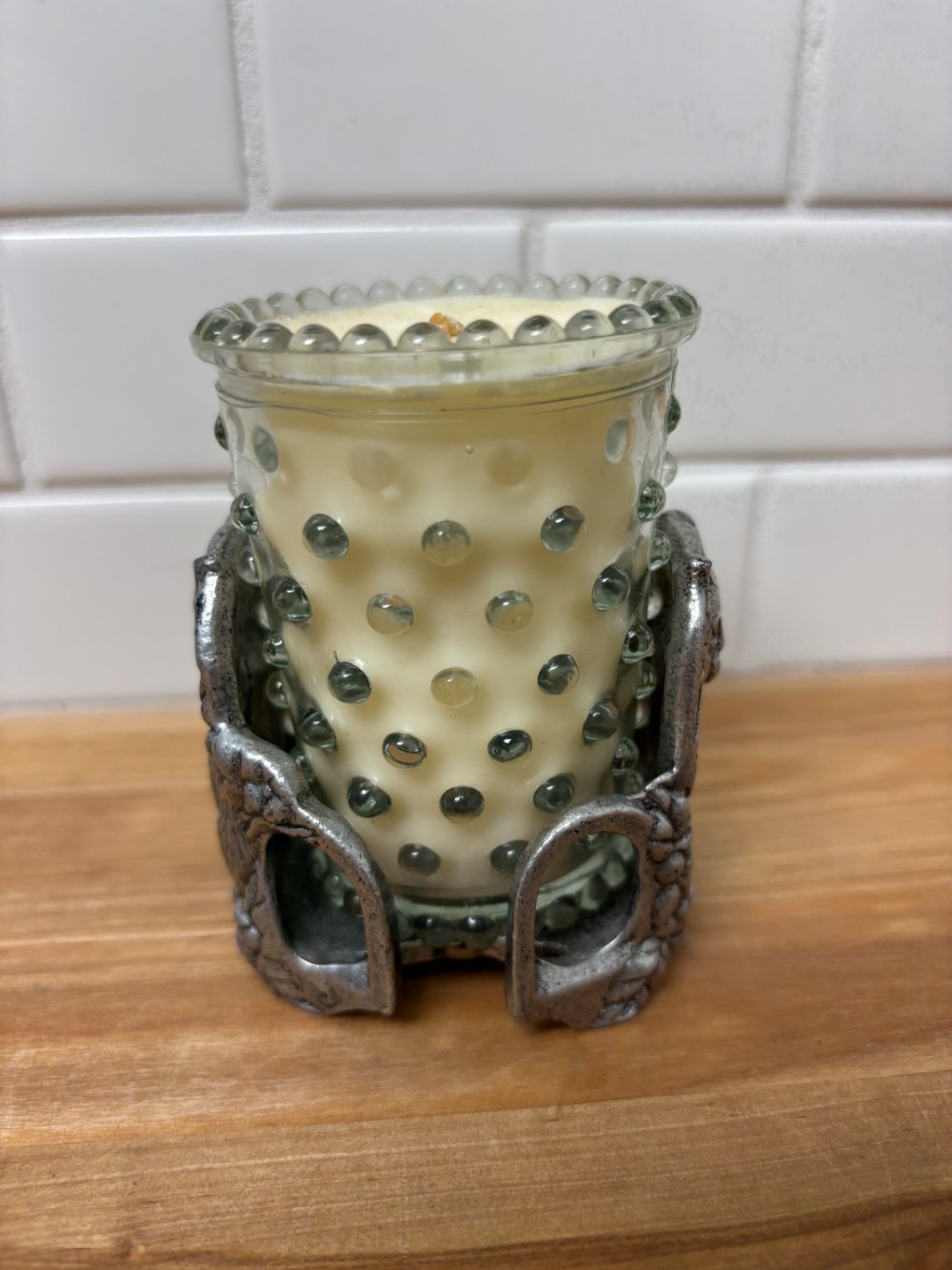 Pewter Cat Candle Holder Carlton 1997 Hobnail Glass Votive Kittycore