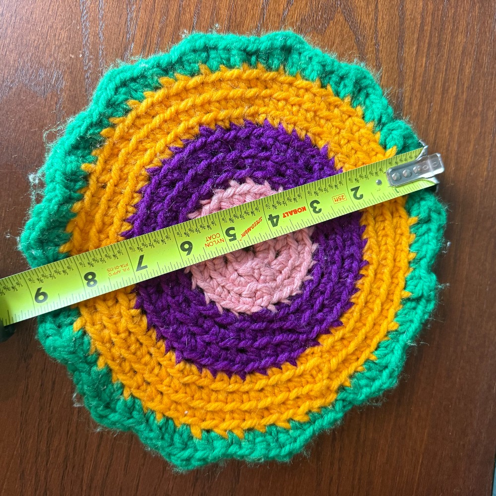 Vintage Handmade Crochet Round Trivet, Green Gold Purple & Pink Scalloped Edge