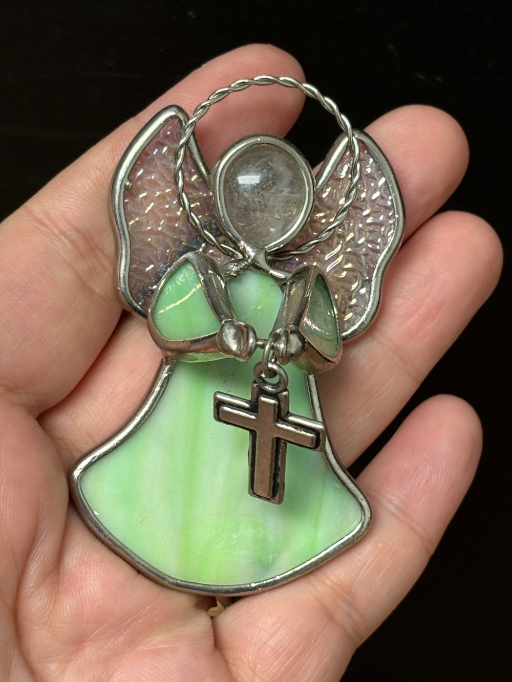 Stained Glass Angel Suncatcher Ornament Green Glass Cross Religious Decor