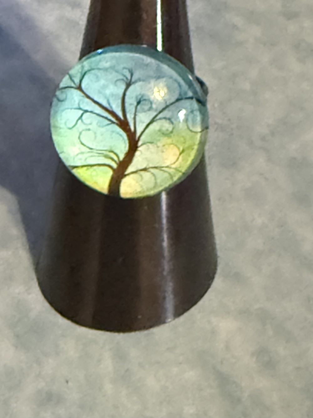 Adjustable Ring - Tree of Life Brown Tree Blue Background